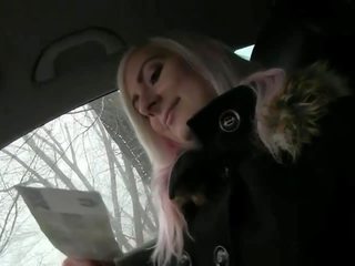 Blonde deepthroating huge dick in car in public