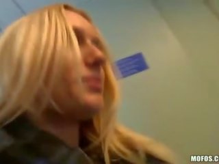 Blonde babe doggied in the train toilet