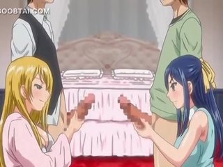 Horny hentai girls competing on best handjob in 4some