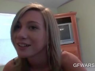 Smiling blonde sucks and humps cock in POV