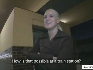 Blone girl Beata receives cash and gets fucked in a public train