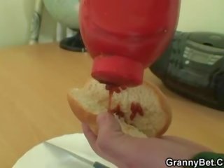 Huge granny tastes his cock then doggystyled